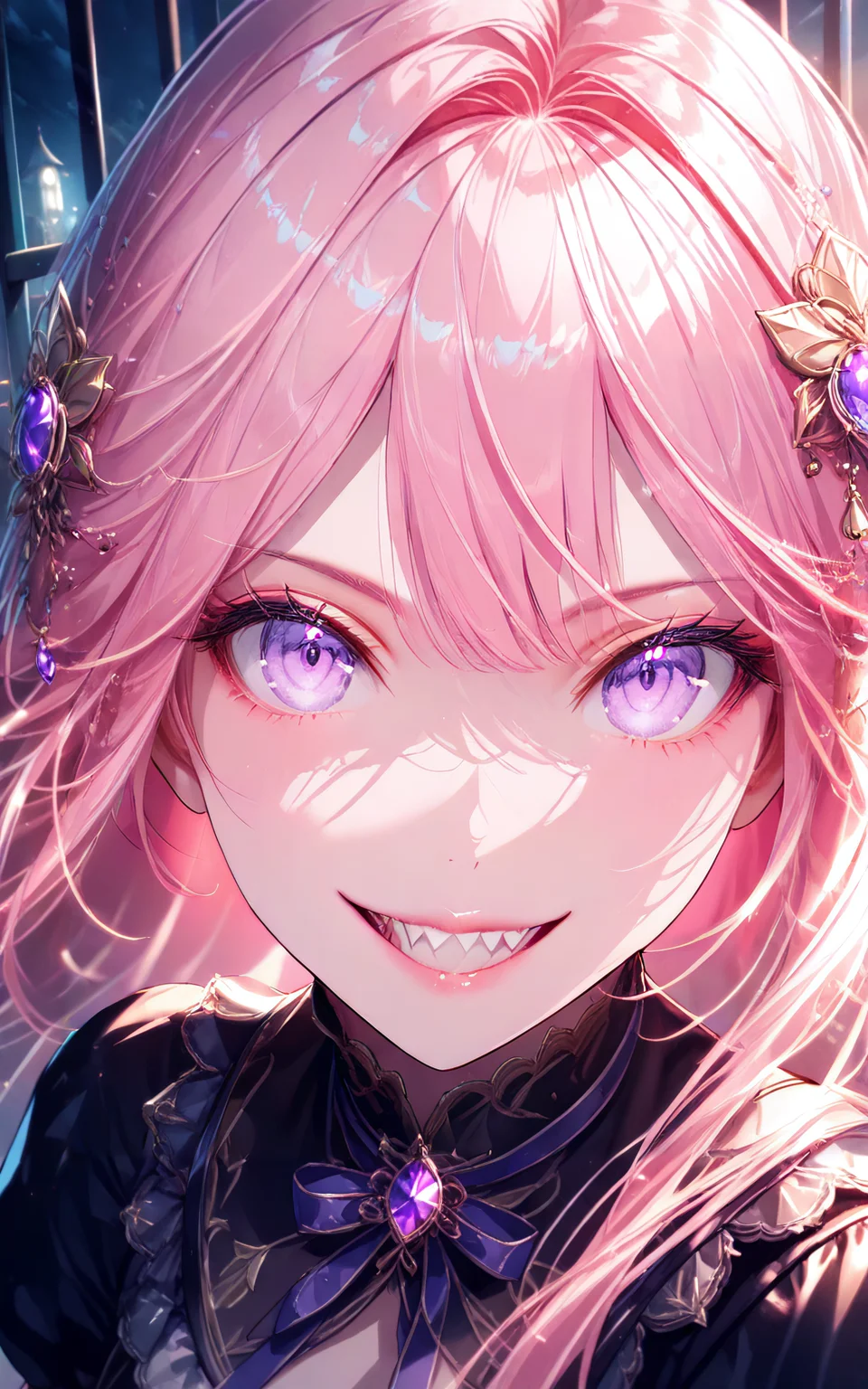 close-up,civchan,pink hair,purple eyes,creepy girl,glowing eyes,sinister smile,sharp teeth,evil grin,gothic,eerie cemetery,night mist,horror lighting,black dress,dramatic eye focus,spooky expression,realistic face,pale skin,long flowing hair,ultra-detailed,(masterpiece:2),(best quality:1.1),Cinematic Lighting,(illustration, 8k CG, extremely detailed),<lora:civichan-base-01-XL:0.9>,<lora:detailed_notrigger:1>,<lora:xl_more_art-full_v1:0.8>,