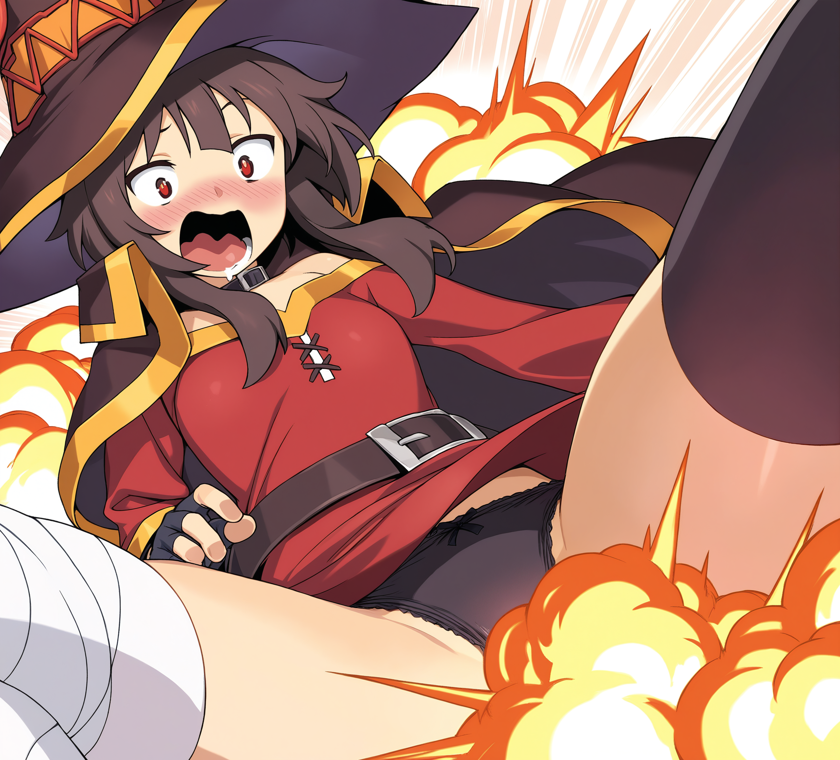 masterpiece,absurdres,best quality,high quality,<lora:Cool Rance V4 Vpred Noob:1>,megumin,close-up,blush,surprised,embarrassed,screaming,saliva,explosion,spread legs,flying,solo,