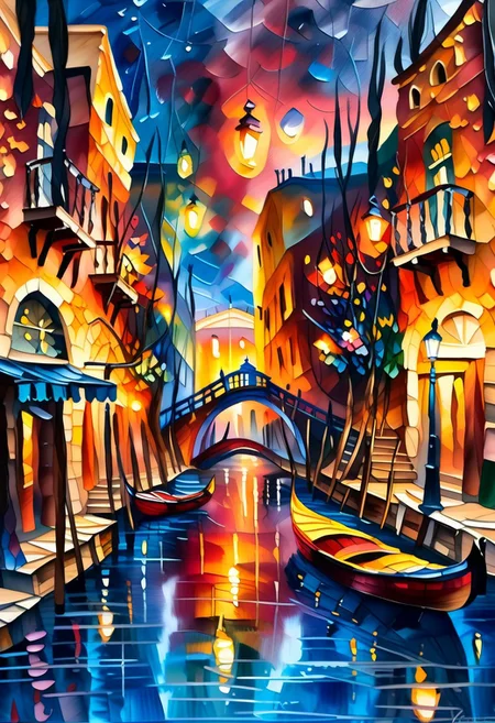 Masterpiece mix of paper quilling, layered paper and painting in the style of Leonid Afremov. Highly detailed illustration of a vibrant Venice small Rii Rii canal with it's little bridges and warm lights at night with it's lined up boats, Venice Building, devoid of any human presence.
Hide