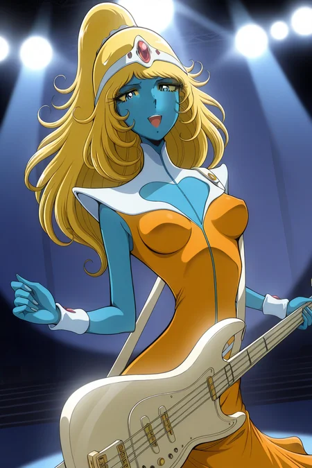 masterpiece, best quality, amazing quality, absurdres, solo, stella5555, smile, open mouth, looking at viewer, playing guitar, bass guitar, blonde hair, blue eyes, ponytail, white shoulder pads, blue skin, orange dress, indoors, stage, spotlight, stage lights
