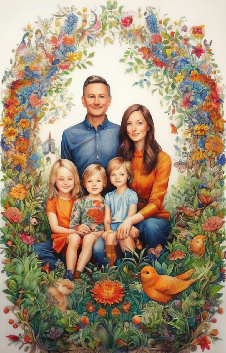 masterpiece,best quality,<lora:tbh237-sdxl:0.8>,illustration,style of  Johanna Basford portrait of family