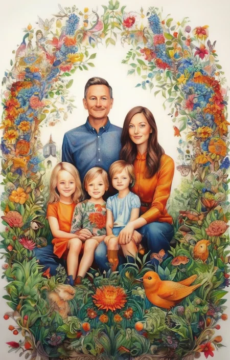 masterpiece,best quality,<lora:tbh237-sdxl:0.8>,illustration,style of  Johanna Basford portrait of family