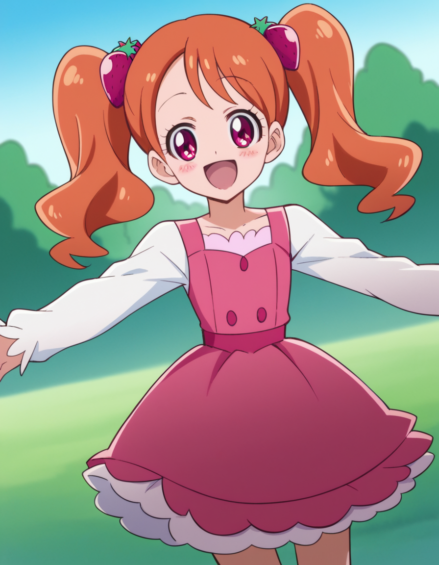 score_9, score_8_up, score_7_up, source_anime,
<lora:ichika-usami-anime-ponyxl-lora-nochekaiser:1>, ichika usami, hair ornament, twintails, pink eyes,
orange hair, long sleeves, dress, pink dress, food-themed hair ornament, strawberry hair ornament,
outdoors, smile, blush, open mouth,
looking at viewer, cowboy shot, dutch angle, solo,