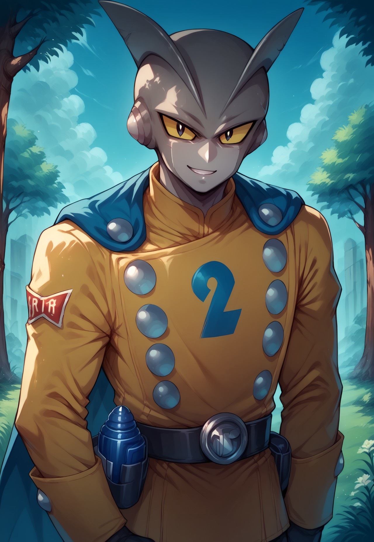 score_9, score_8_up, score_7_up, source_anime, gamma2db, 1boy, solo, colored skin, gray skin, yellow sclera, black eyes, head fins, yellow uniform, gloves, blue cape, smile, looking at viewer, BREAK, outdoors