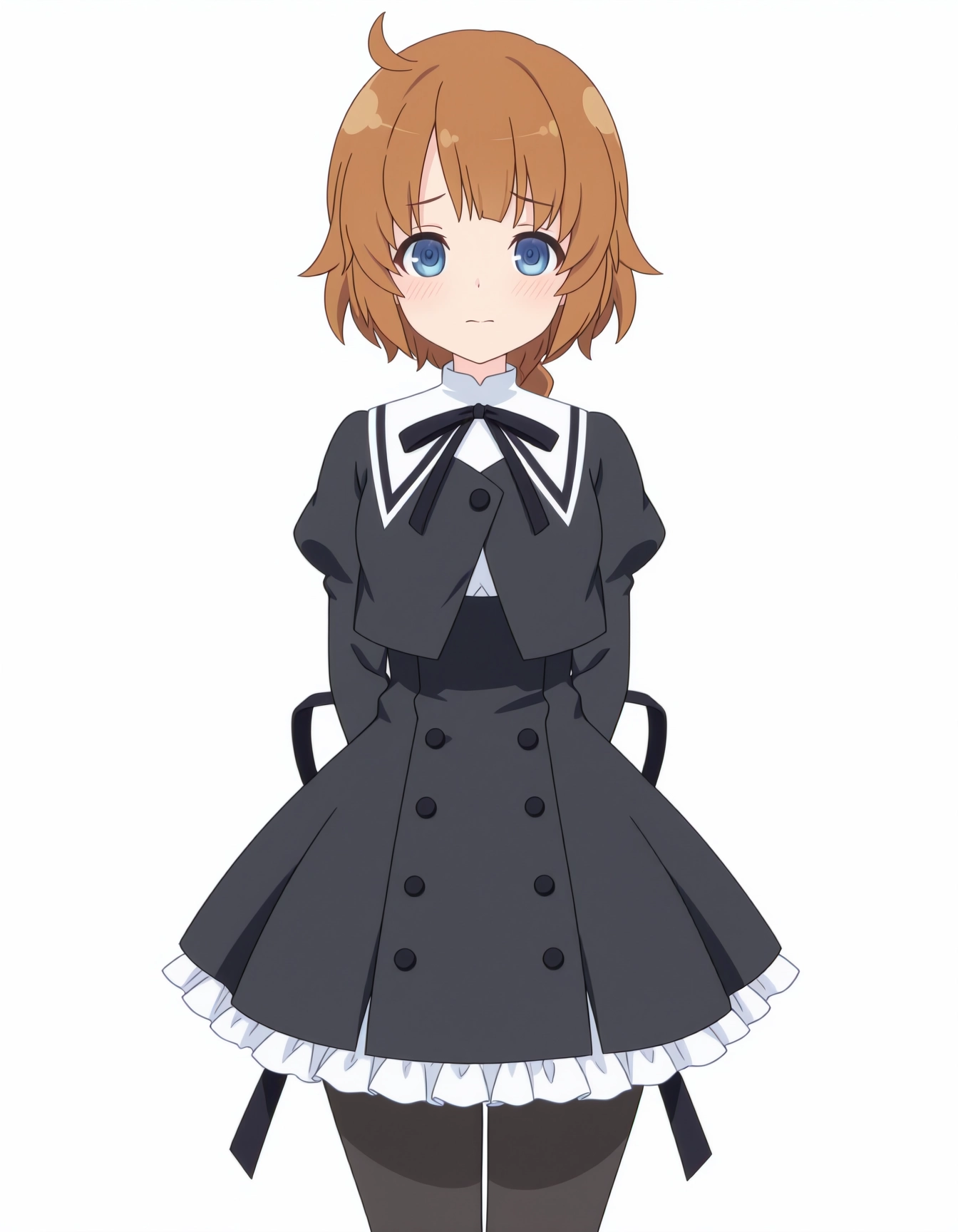 masterpiece, best quality, high quality, 1girl, solo, futagawa fumi, assault lily, <lora:iAssaultLily:0.85>, school uniform, black pantyhose, standing, cowboy shot, arms behind back, looking at viewer, shy, simple background, white background,
anime screenshot, anime coloring, flat color, masterpiece, best quality, very aesthetic, aesthetic, absurdres, highres, detailed, beautiful color, amazing quality, sensitive