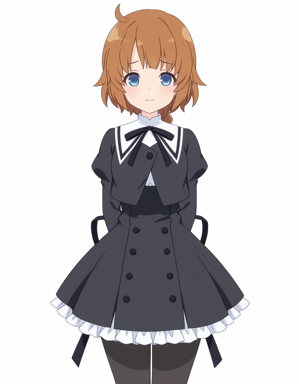 masterpiece, best quality, high quality, 1girl, solo, futagawa fumi, assault lily, <lora:iAssaultLily:0.85>, school uniform, black pantyhose, standing, cowboy shot, arms behind back, looking at viewer, shy, simple background, white background,
anime screenshot, anime coloring, flat color, masterpiece, best quality, very aesthetic, aesthetic, absurdres, highres, detailed, beautiful color, amazing quality, sensitive