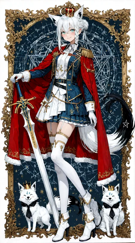 score_9, score_8_up, score_7_up, 1girl, shirakami fubuki, ahoge, animal ear fluff, animal ears, aqua eyes, belt, blue jacket, blue skirt, blush, boots, braid, bun with braided base, cape, crossed bangs, crown, epaulettes, extra ears, fox ears, fox girl, fox tail, full body, fur-trimmed cape, fur trim, garter straps, gloves, gold crown, gold garter belt, gold trim, hair between eyes, hair bun, half-skirt, high heel boots, high heels, holding sword, jacket, layered skirt, mini crown, miniskirt, necktie, pentagram, pleated skirt, red cape, saber (weapon), shirt, short hair, side braid, side cape, sidelocks, single hair bun, smile, tail, thighhighs, tilted headwear, white footwear, white gloves, white hair, white necktie, white shirt, white skirt, white thighhighs