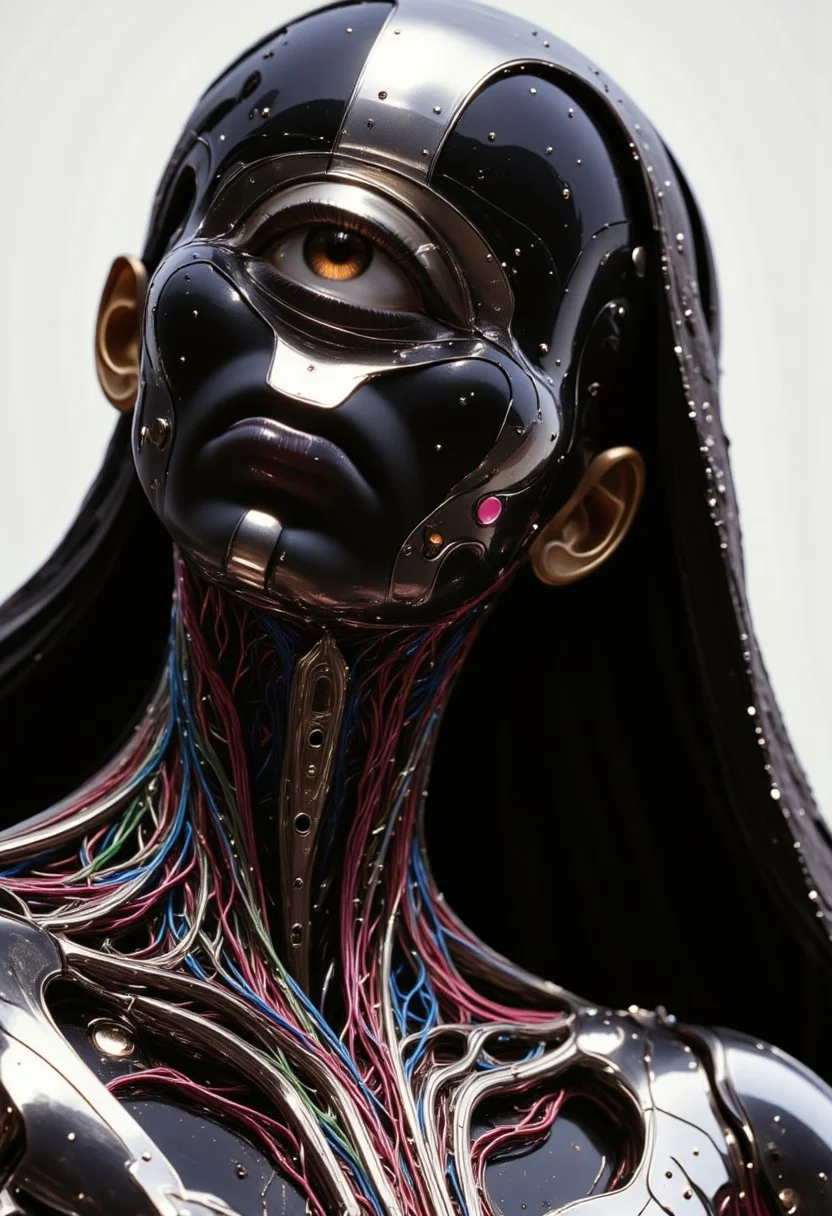 impressionist classical-style painting of a highly detailed, fantasy scene with a dramatic, robotic aesthetic. The central figure is a female robot. Her head and body are made of shiny and smooth metal with multi-colored, exposed wiring going down her neck creating an organic mosaic pattern. She is a biomechanical robot with Chrome Skinned and there are wires jacked into her face. Her cyclops eye is an intense silver color with light silver eyeshadow, and her lips are a rich, deep silver color. There is a missing panel on her cheek. A spot light focuses on her from above. She is bald and blending in with the white background. She is facing you and looking up into the sky intensely. The overall impression is one of dramatic beauty, with an almost otherworldly quality. (((ultra-realistic style))), realistic soft lighting, dark, eye-catching, atmospheric lighting, natural, shallow depth of field, (highlights: 0.8), high detail (dynamic, cinematic shot, film grain, bokeh, depth of field,