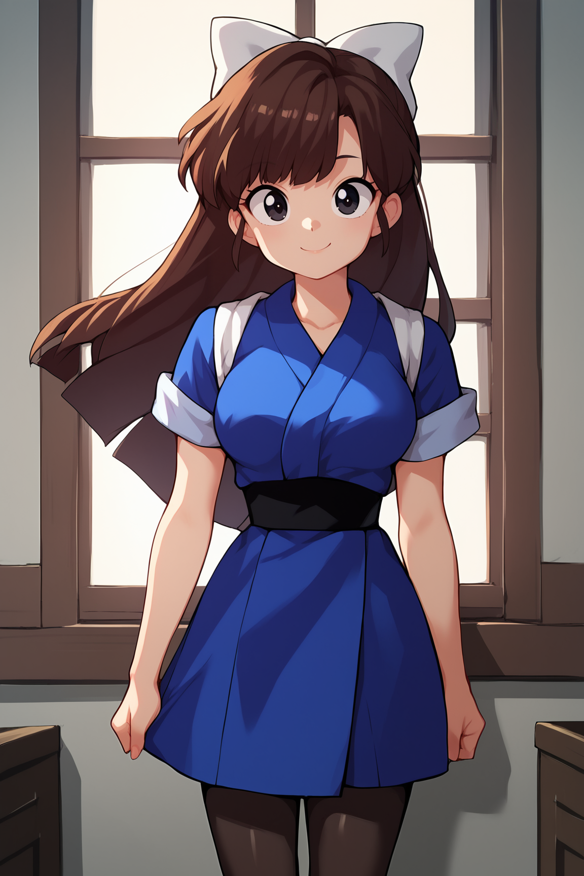 score_9, score_8_up, score_7_up, score_6_up, score_5_up, score_4_up, UkyoKuonjiRXL, 18years, big eyes, black eyes, brown hair, long hair, bangs, hair bow, white bow, medium breasts, short sleeves, blue kimono, white tasuki, black pantyhose, black boots, solo, standing, seductive smile, looking at viewer, indoors <lora:UkyoKuonjiRXL:1>