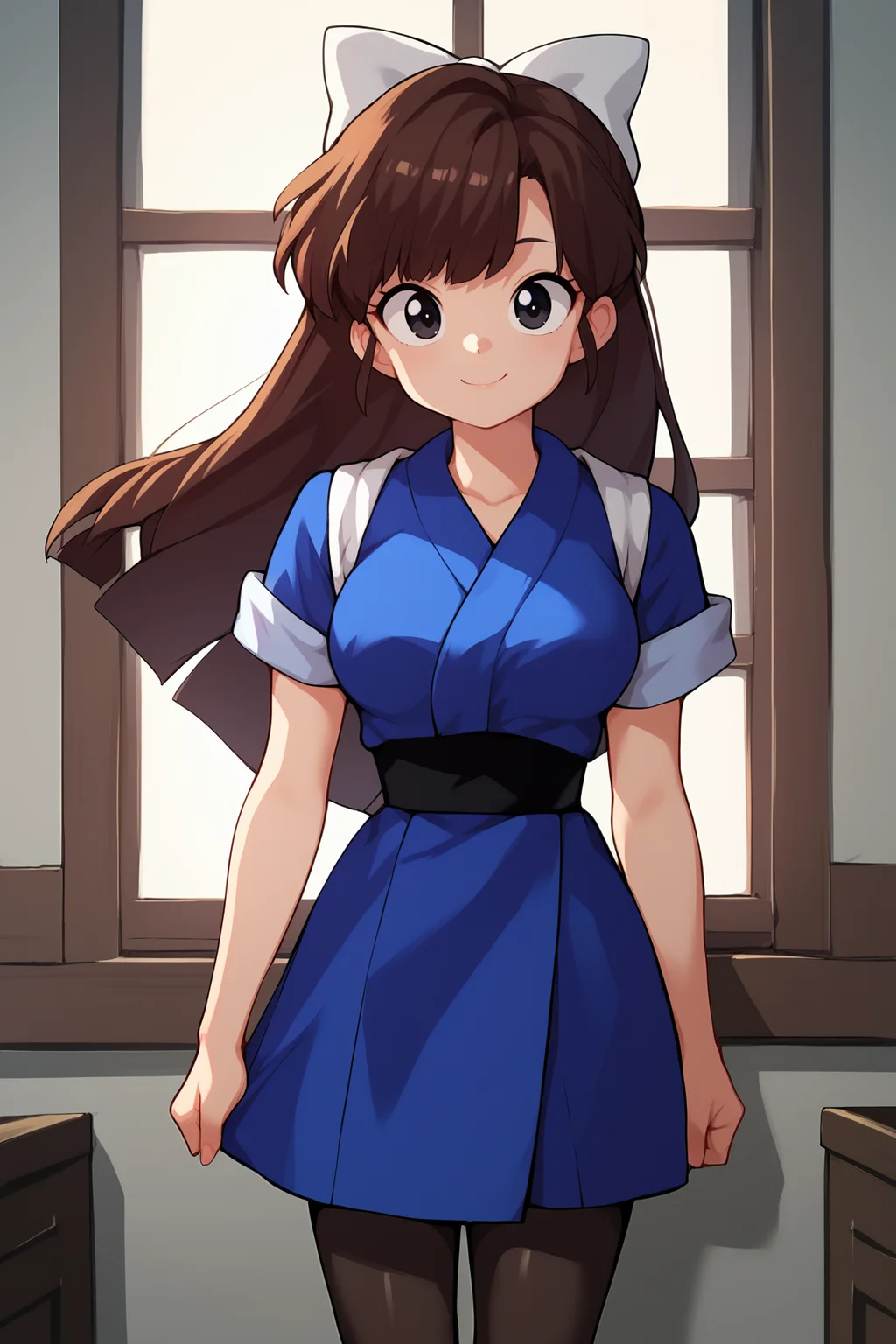 score_9, score_8_up, score_7_up, score_6_up, score_5_up, score_4_up, UkyoKuonjiRXL, 18years, big eyes, black eyes, brown hair, long hair, bangs, hair bow, white bow, medium breasts, short sleeves, blue kimono, white tasuki, black pantyhose, black boots, solo, standing, seductive smile, looking at viewer, indoors <lora:UkyoKuonjiRXL:1>