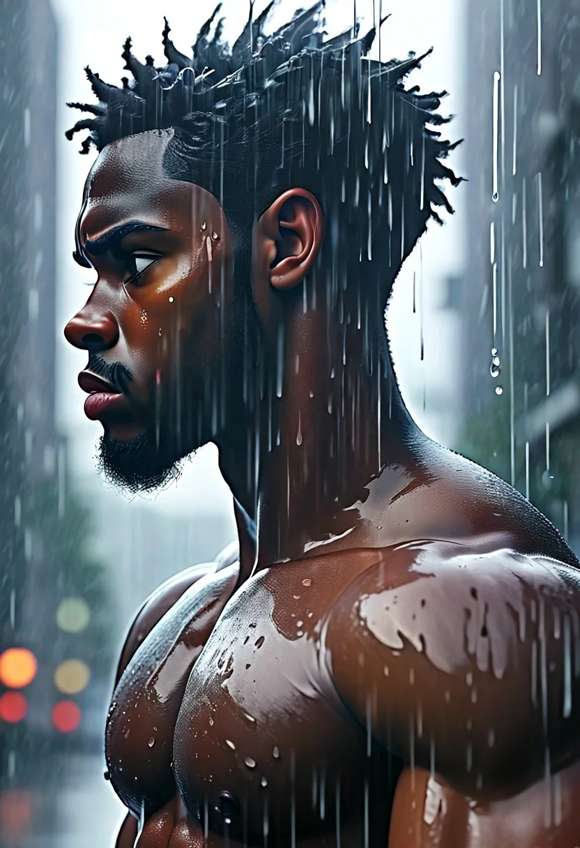 Jed-dblexpsre effect, double exposure, merged, portrait of black male, stunning, muscular, rain, sweat, merging with a gym scene with weights, glitch art photo, novuschroma79 style