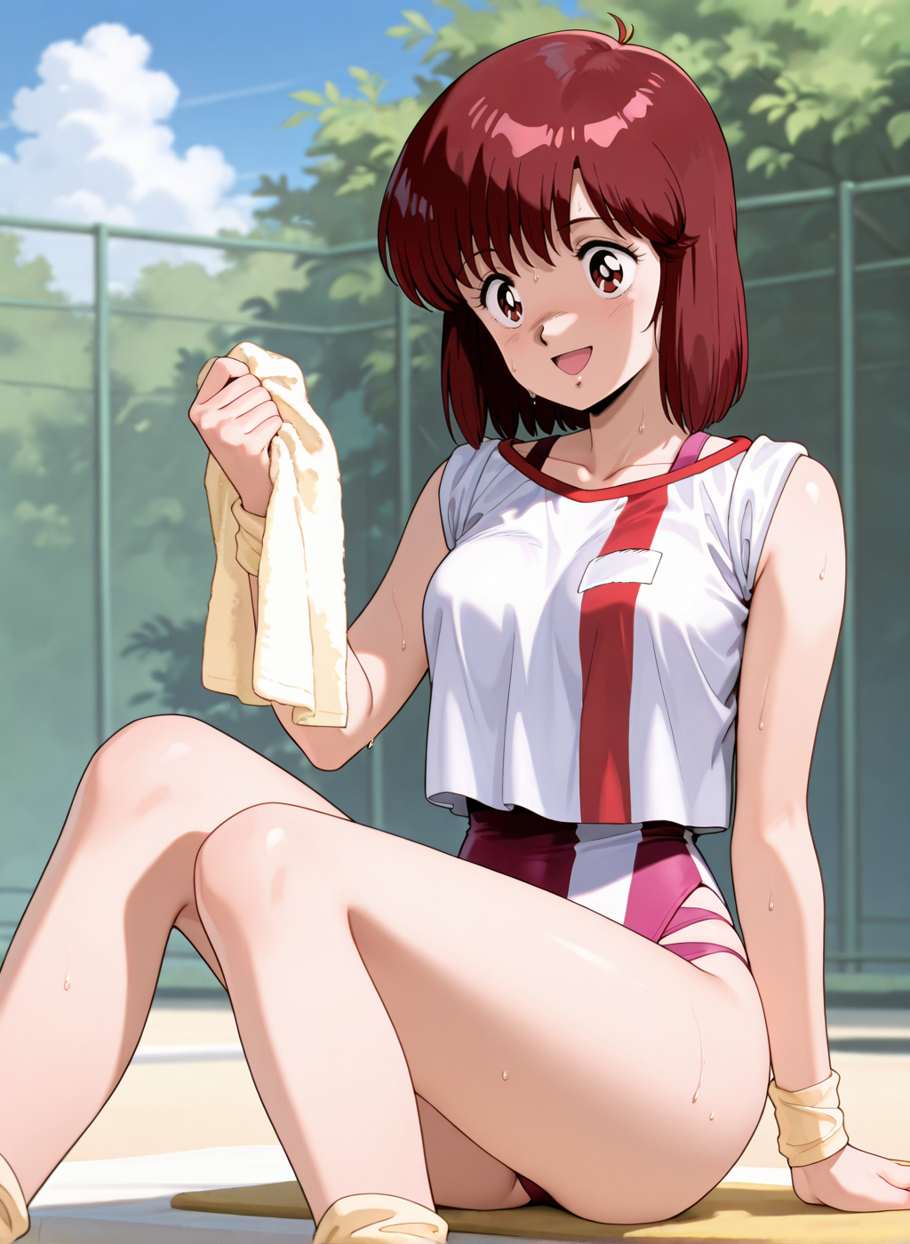 High quality,Ultra detailed,best quality,insanely detailed,beautiful,masterpiece,absurdres,very aesthetic,sensitive BREAK
<lora:takaya_noriko_V1_NOOB:1>,(takaya noriko, top wo nerae, red hair, short hair, brown eyes, 1980s \(style\), retro artstyle),(pink leotard,gym uniform,white shirt,collarbone,wristband,leotard under clothes),1girl,solo,posing,outdoors,sitting,knees up,:d,sweat,towel,