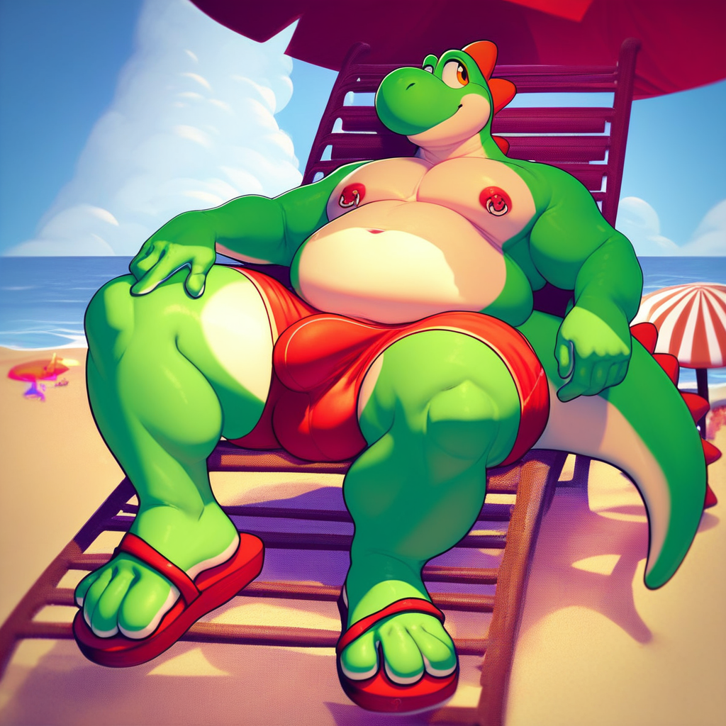 score_9, score_8_up, score_7_up, 2k, 4k, high res, 2d (artwork), Poppin, 1boy, solo, green skin, orange eyes, looking to the side, Yoshi, tail, furry, anthro, smiling, red swim trunks, topless, male swimwear, large hips, overweight male, beach sandals, fat, wide hips, large pectorals, nipple piercings, bottom heavy, thick thighs, massive bulge, beach background, sitting, sitting on beach chair, sitting under sun umbrella, side pov
