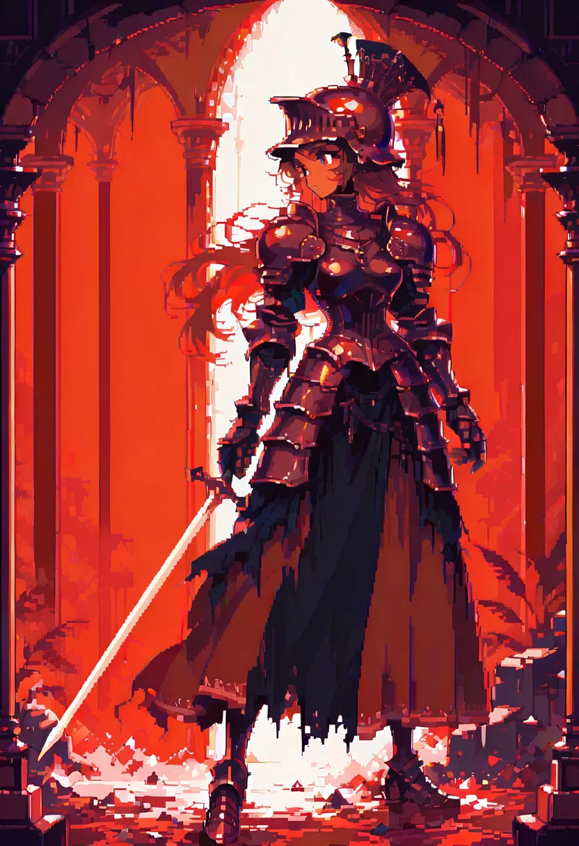 dpa,pixel art, sword, holding, 1girl, holding weapon, holding sword, red theme, armor, solo, long hair, gauntlets, dress, shoulder armor, hat, torn clothes, helmet, standing