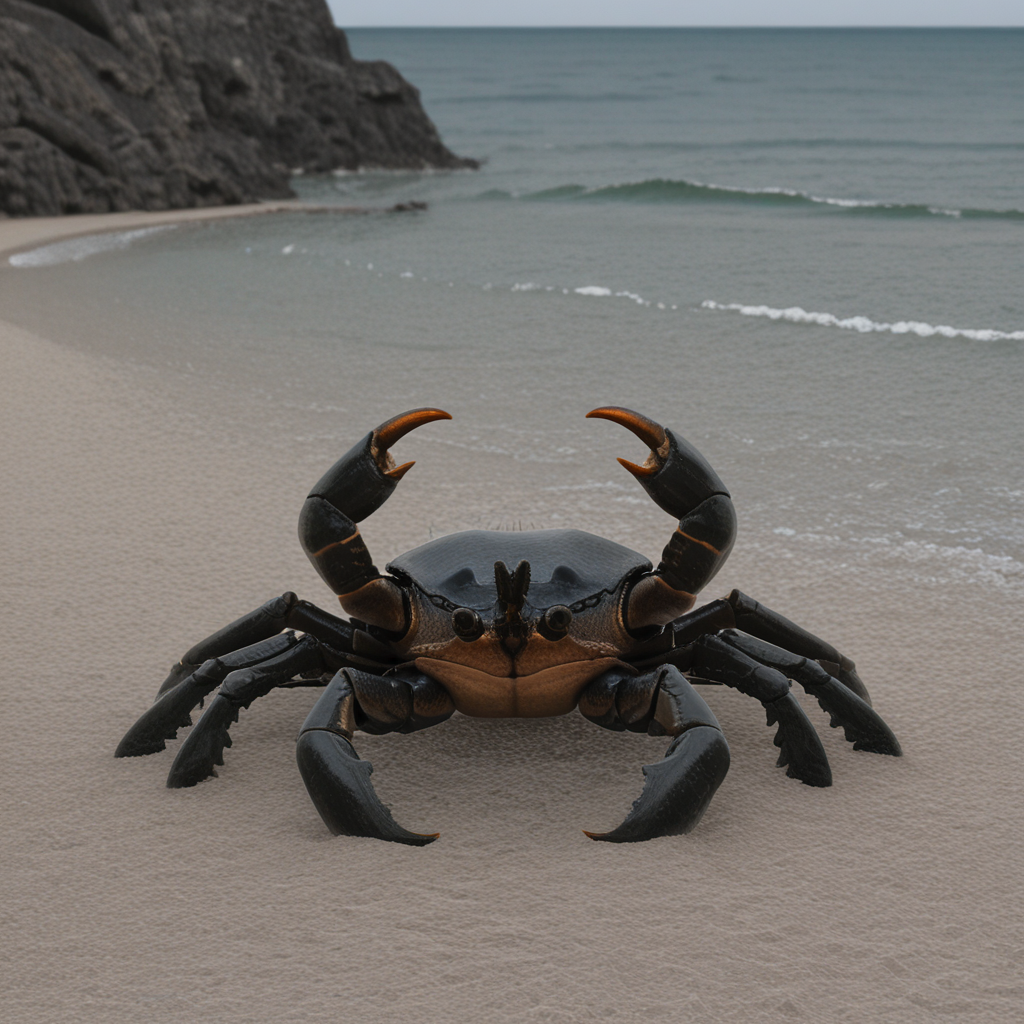 masterpiece, best quality, amazing quality, very aesthetic, high resolution, ultra-detailed, absurdres, scenery, photorealistic, Prompt, BREAK, depth of field, photorealistic details, volumetric lighting,source_photo,solo,no humans,animal focus, arthropod limbs,crab,crab claws,crab focus,beach, sand,giant crab,katana in sand