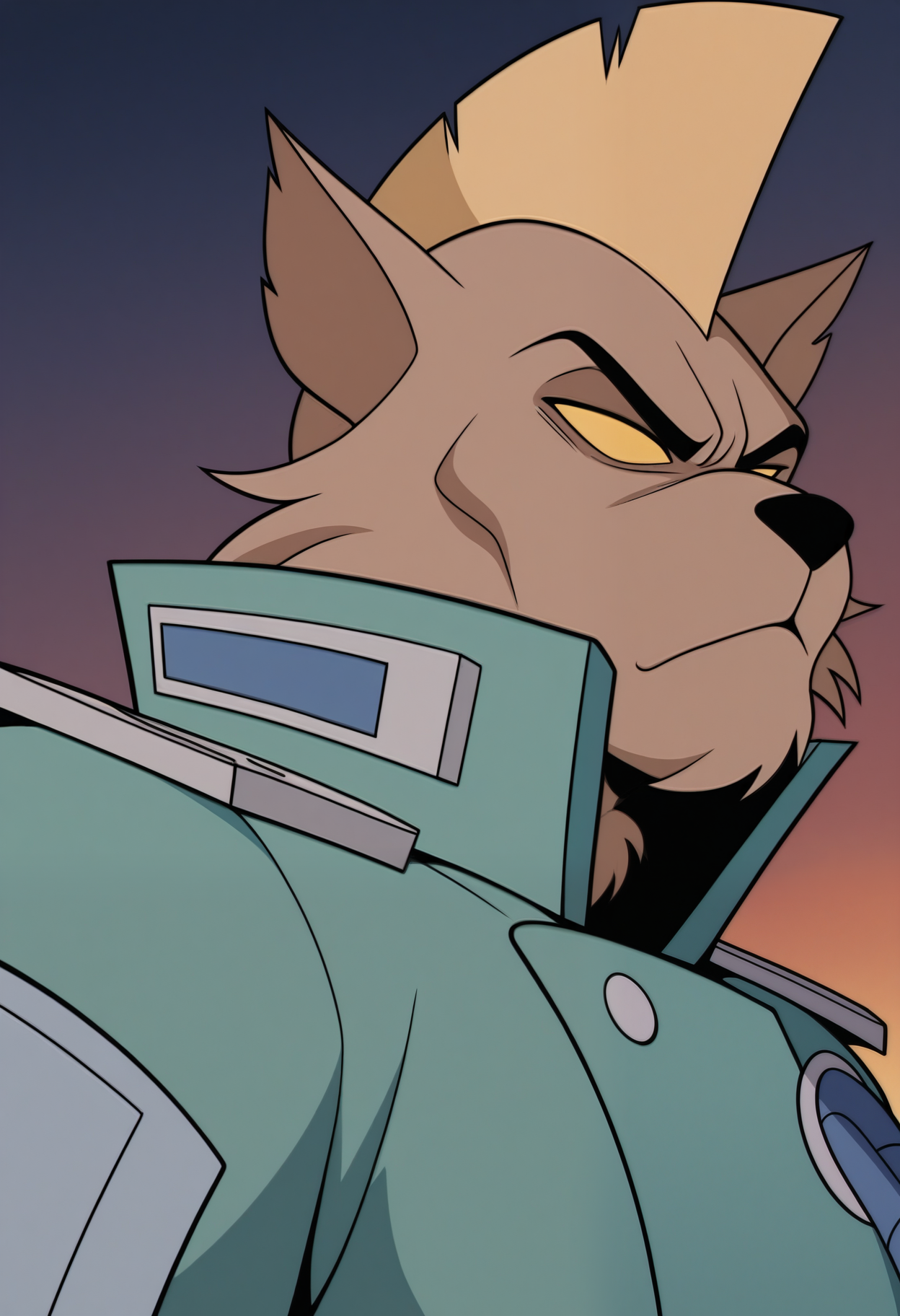 masterpiece,best quality,amazing quality, 1boy, solo, s_h4rd dr1v3, furry, brown fur, colored sclera, no pupils, coat, pauldrons, yellow mohawk, close up, side angle, 