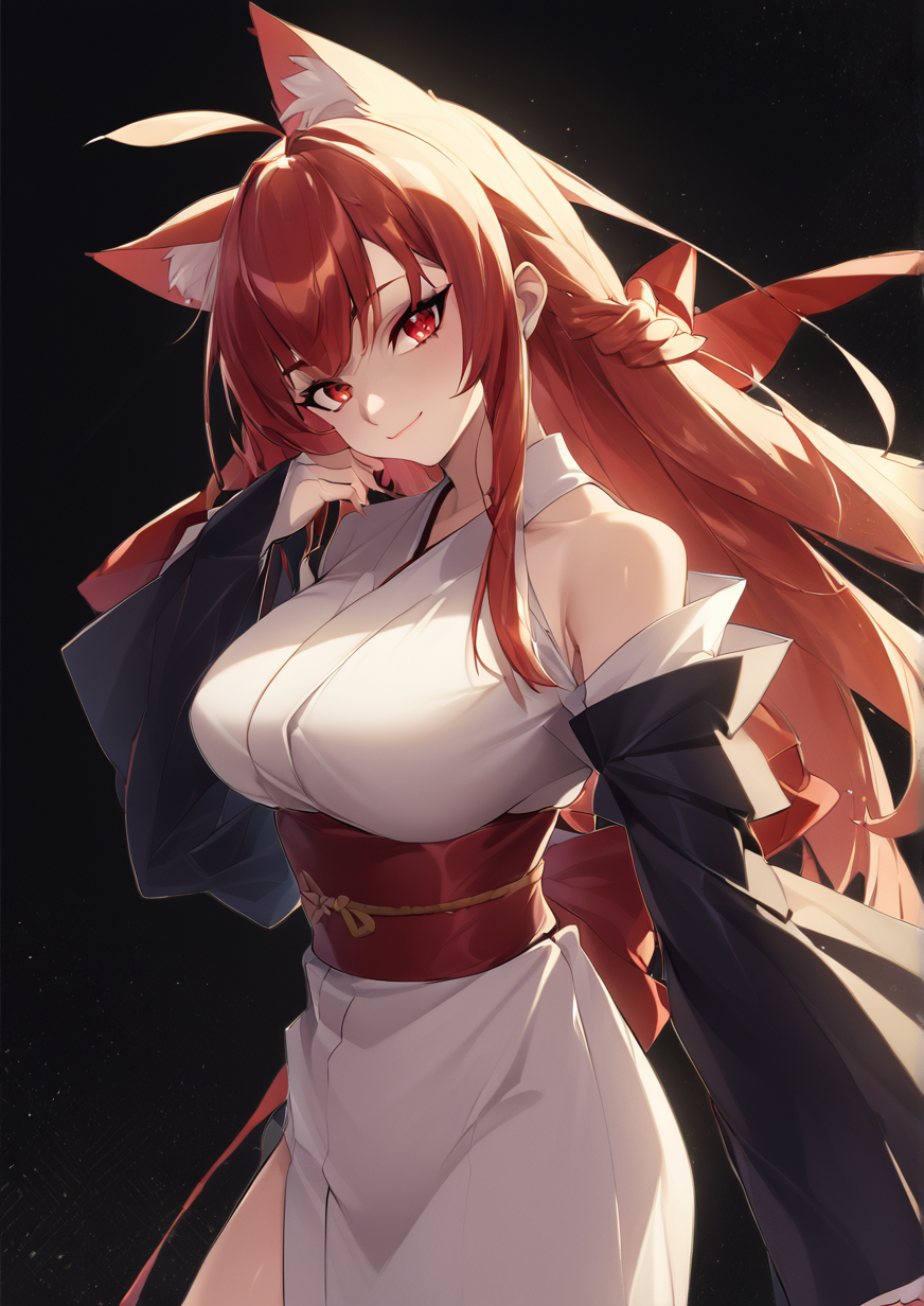 1girl, ritsu (kemurikusa), huge breast, :3, ahoge, animal ears, bare shoulders, black background, bow, breasts, cat ears, closed mouth, film grain, head tilt, japanese clothes, long hair, long sleeves, looking at viewer, red bow, red eyes, red hair, red sash, ribbon-trimmed sleeves, ribbon trim, sash, sleeves past fingers, sleeves past wrists, smile, solo, wide sleeves, ,zPDXL3 <lora:å¤æ¸¸48è²å½©éYEYOUCAIQIAN:1>