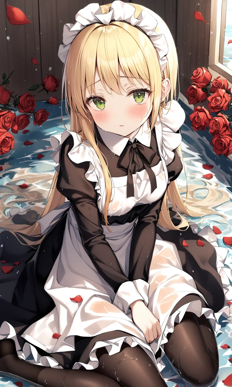 1girl, sensitive, solo, long hair, looking at viewer, blush, blonde hair, long sleeves, dress, sitting, flower, pantyhose, frills, water, black dress, apron, black pantyhose, wet, maid, maid headdress, petals, rose, red flower, maid apron, red rose