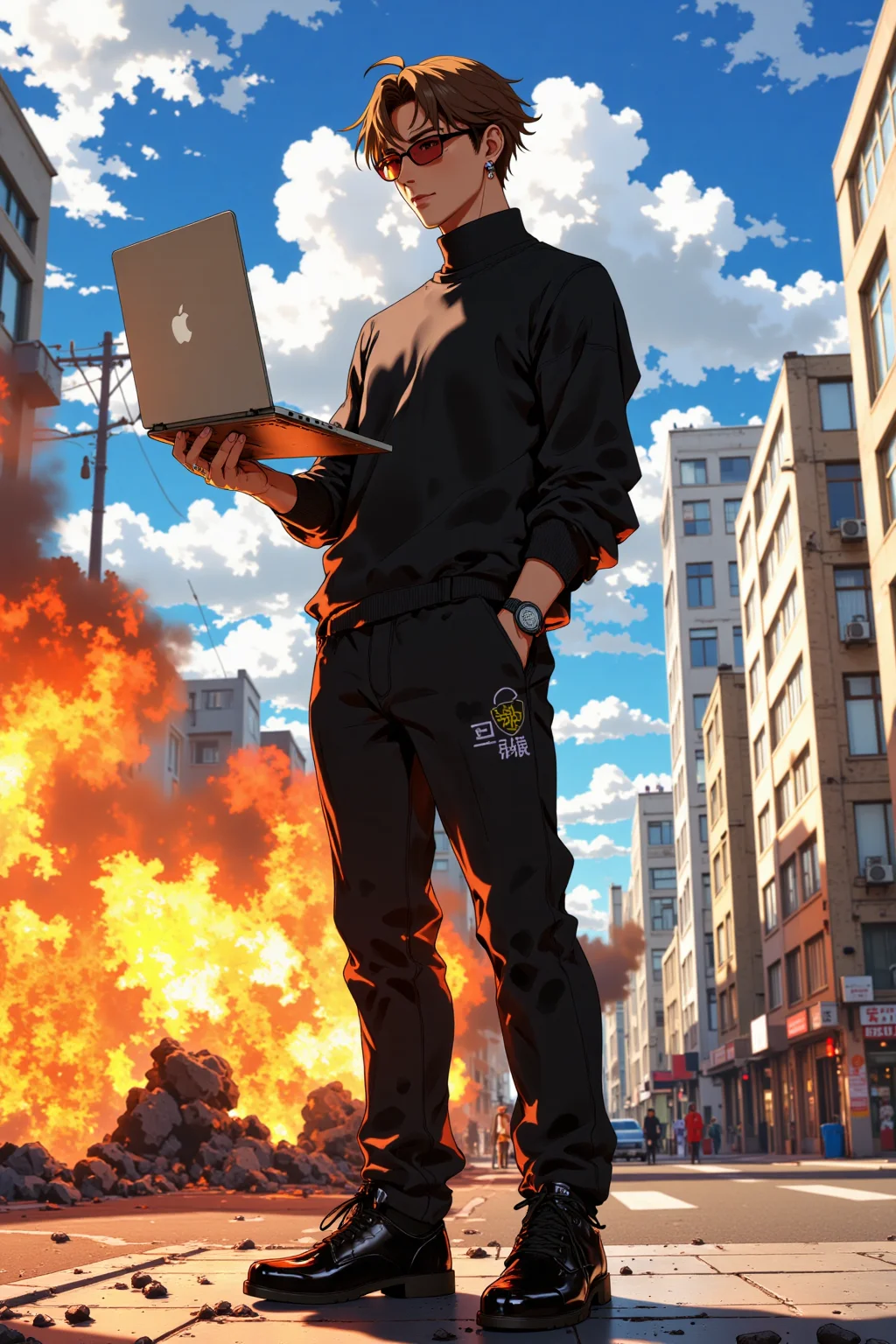 A handsome chinese guy,solo,computer,short hair,sunglasses,pants,standing,black shoes,fire,laptop,black pants,jewelry,black shirt,long sleeves,colored glasses,black sweater,ring,shoes,outdoor,full body,sky,turtleneck sweater,brown hair,sweater,earrings,smoke,explosion,urban landscape (urban landscape),