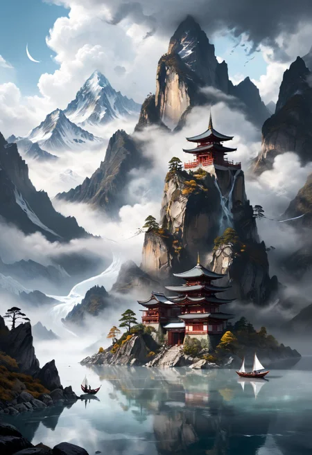 "Serene Sail" - Title: "Temple in the Sky"
Minimalist ink sketch, double exposure effect, featuring a small Buddhist temple nestled high among mountain peaks and glaciers, while a mystical sailboat with a solitary sail glides through vast cumulus clouds, style reminiscent of Nihonga and Ukiyo-E, imbued with a perfect composition, an epic dreamy atmosphere, sharp focus, intricate details, trending on ArtStation, highly detailed work styled by Greg Rutkowski.