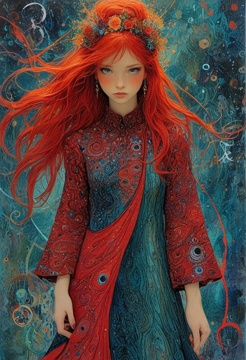 The composition includes female, red long dress, long red hair with glitter, fashion photography painting, in the style of teal and gold. in the background, tintricate stunning highly detailed, abstract, trippy, 60s style, op art, dark blues and blacks, patterns, hypnotic, art by careening into peace.