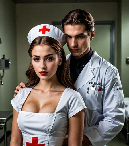 detailed girl skin, 19th century, in the morgue, the (girl is slender, attractive girl, her light brown eyes are large and expressive, dark eyebrows, the girl's lips are plump, curvy, medium soft natural breasts, hourglass figure, flushed face) stands near the the wounded warrior man, she holds a scalpel in front of her eyes, she is dressed in a hospital nurse outfit and a nurse's hat with a red cross, her red pony tail haircut with a reddish tinge, Negative Prompt