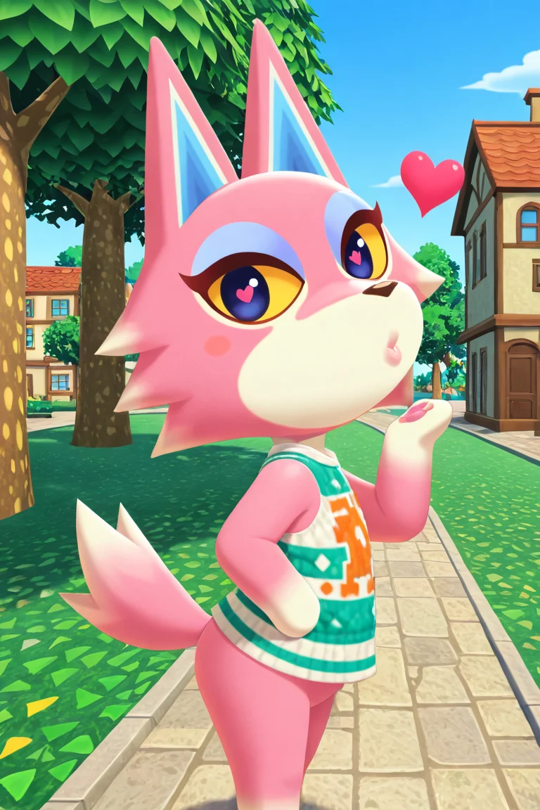 masterpiece, best quality, amazing quality, very aesthetic, high resolution, ultra-detailed, absurdres, newest, animal crossing BREAK 1girl, solo, Fr3ya, anthro, furry female, pink fur, blue eyes, colored sclera, yellow sclera, blue eyeshadow, wolf tail, blowing kiss, heart, puckered lips, o3o, looking at viewer, from side:0.5, facing viewer, outdoors, town, buildings, grass, trees