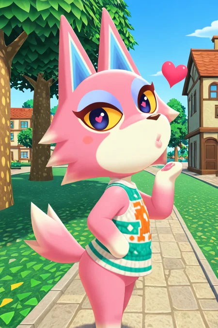 masterpiece, best quality, amazing quality, very aesthetic, high resolution, ultra-detailed, absurdres, newest, animal crossing BREAK 1girl, solo, Fr3ya, anthro, furry female, pink fur, blue eyes, colored sclera, yellow sclera, blue eyeshadow, wolf tail, blowing kiss, heart, puckered lips, o3o, looking at viewer, from side:0.5, facing viewer, outdoors, town, buildings, grass, trees