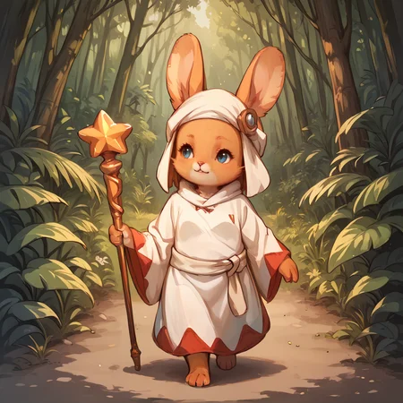<lora:Final_Fantasy_-_Loporrit:1> loporrit, lagomorph <lora:Final_Fantasy_Tactics_White_Mage:1> fftwhitemage,
white turban, orange fur, red and white robes,
(chibi:0.8), cute, (chubby cheeks:0.5),
solo, 1girl, female, furry,
holding scepter with star design in left hand, right hand behind back, walking, looking away, jungle, detailed background, zPDXL3