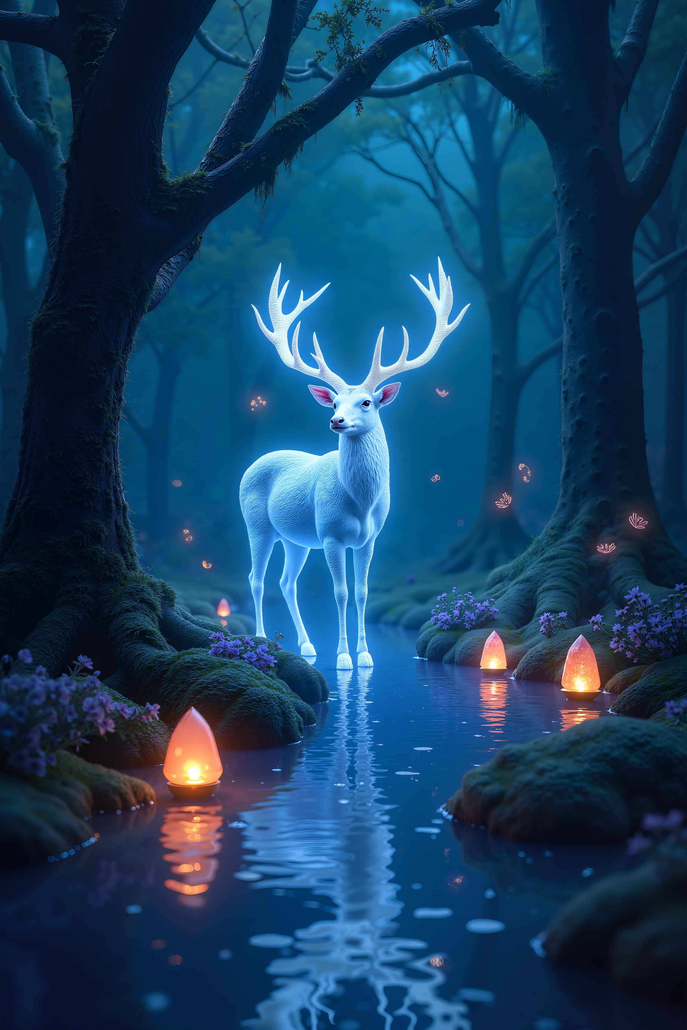 An enchanted forest illuminated by the soft glow of bioluminescent plants, with towering ancient trees covered in luminescent moss. In the center, a mystical, ethereal deer with antlers made of crystal stands in a pool of shimmering water, surrounded by delicate fireflies and floating lanterns. The scene exudes a tranquil, magical atmosphere with a deep sense of wonder. Hyper-realistic details capture the intricate textures of the deer's fur, the water's reflection, and the glowing plants. The color palette is a blend of deep blues, purples, and greens, creating a dreamlike, surreal ambiance. Masterpiece, award-winning artwork, full of detail, 16k resolution, epic realism, mystical, fantasy world.