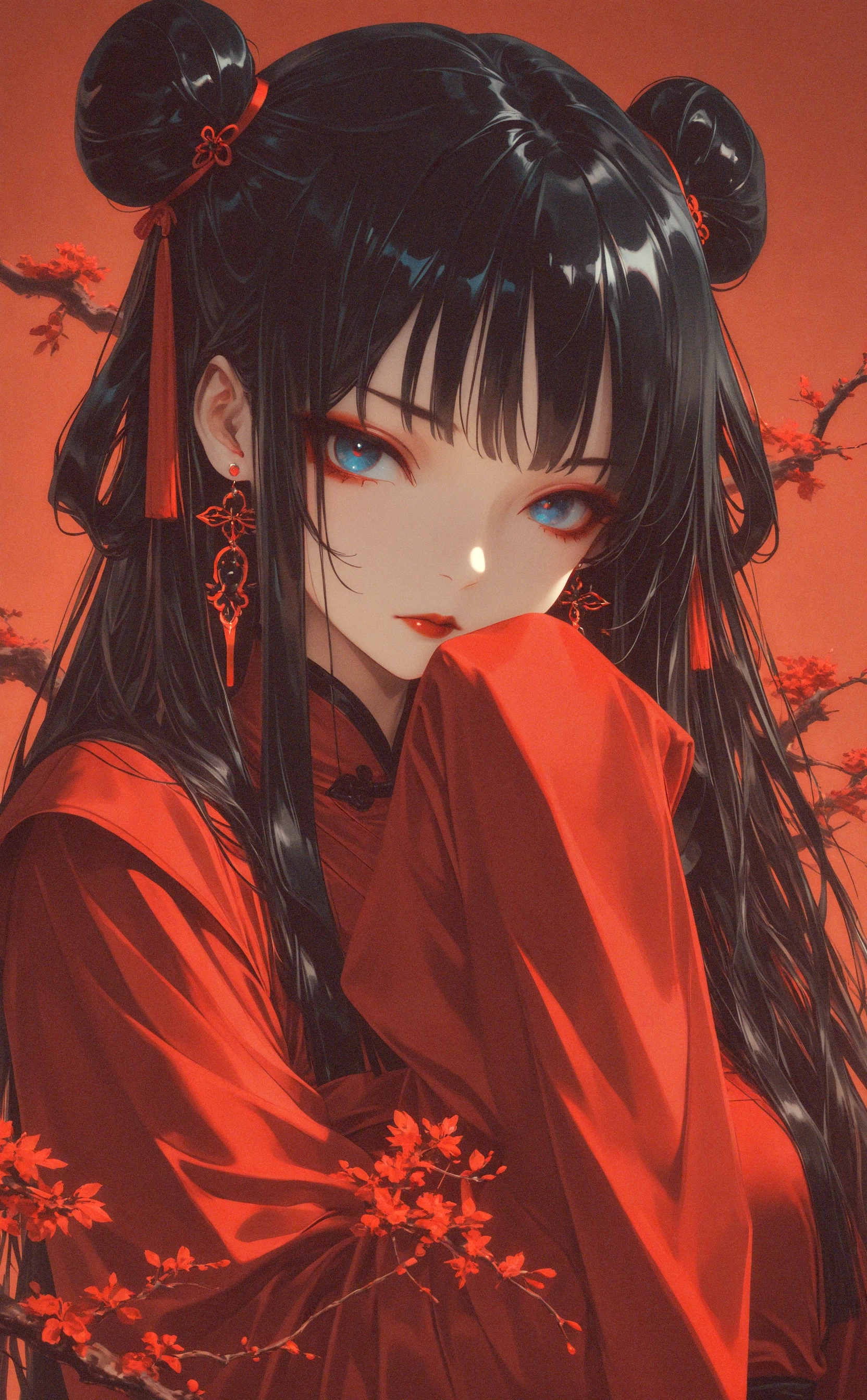 masterpiece, best quality, amazing quality, 1girl, solo, long hair, looking at viewer, blue eyes, black hair, long sleeves, delicate red hanfu, closed mouth, upper body, earrings, hand up, hair bun, sleeves past wrists, double bun, sleeves past fingers, branch, red lips, LeIsT0_illu
simple background, <lora:noobai_ep11_stabilizer_v0.138_fp16:0.3> <lora:LeIsT0_style:0.85> <lora:lpc_v10:0.65>