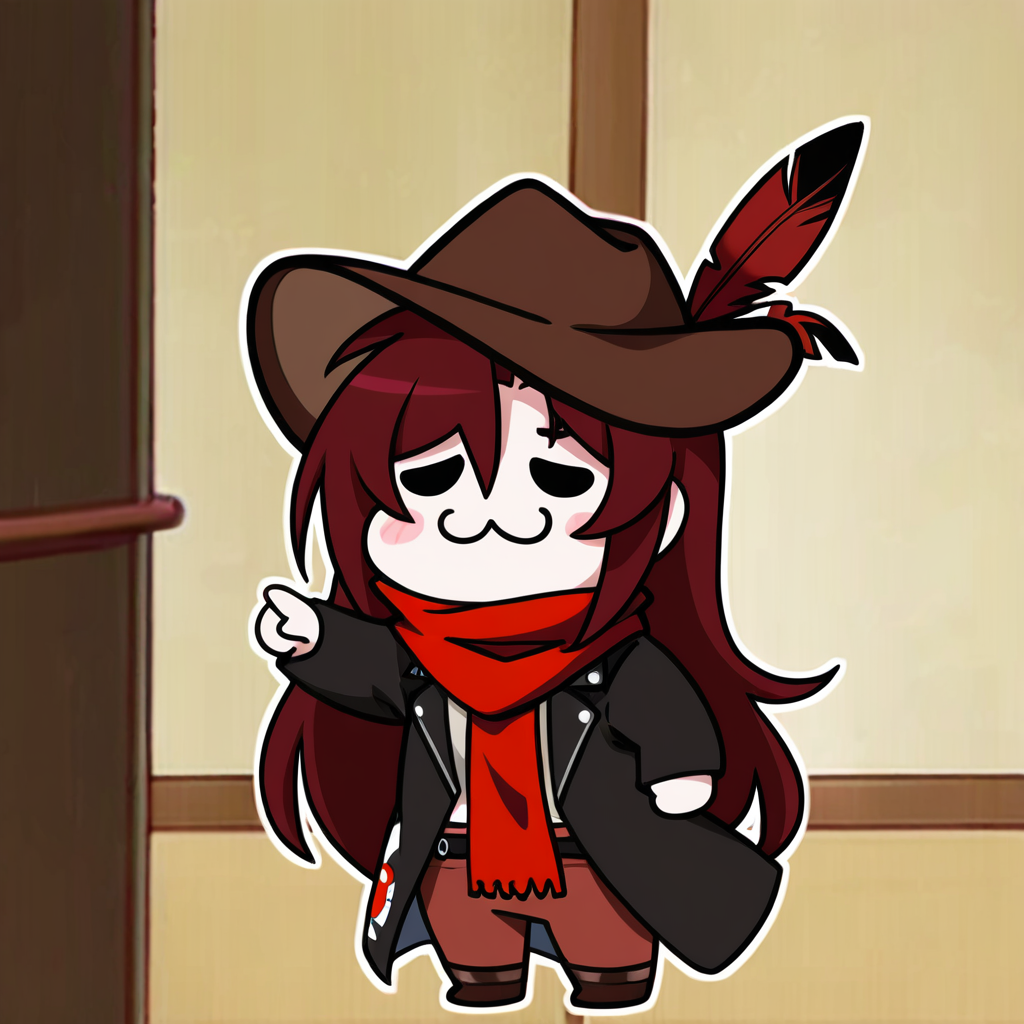masterpiece,best quality,meme,
yuridori,chibi,:3,<lora:yuridori_noob1:0.8>,
1girl,solo,red hair,black cowboy hat,hat feather,red scarf,black jacket,<lora:JXXL_il_V1:1>,