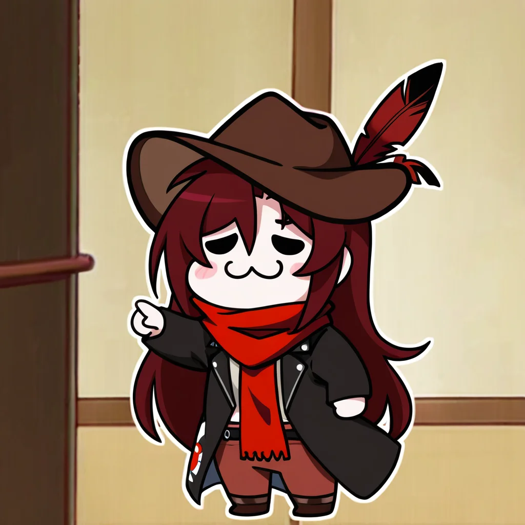 masterpiece,best quality,meme,
yuridori,chibi,:3,<lora:yuridori_noob1:0.8>,
1girl,solo,red hair,black cowboy hat,hat feather,red scarf,black jacket,<lora:JXXL_il_V1:1>,