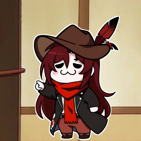 masterpiece,best quality,meme,
yuridori,chibi,:3,<lora:yuridori_noob1:0.8>,
1girl,solo,red hair,black cowboy hat,hat feather,red scarf,black jacket,<lora:JXXL_il_V1:1>,