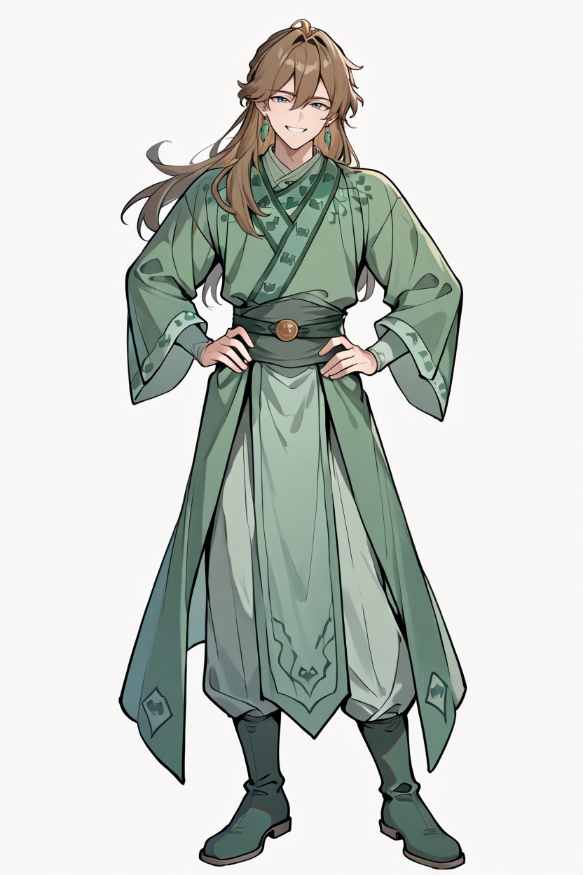 masterpiece, best quality,  (1boy:1.2), solo, bishounen
long hair, looking at viewer, smile, bangs, blue eyes, simple background, brown hair, white background, hair between eyes, jewelry, standing, full body, male focus, earrings,  grin, sash, hands on hips, green pants, green boots, green belt
 <lora:KitsuneHanfuIllustriousV1:1> kitsunehanfu, green hanfu