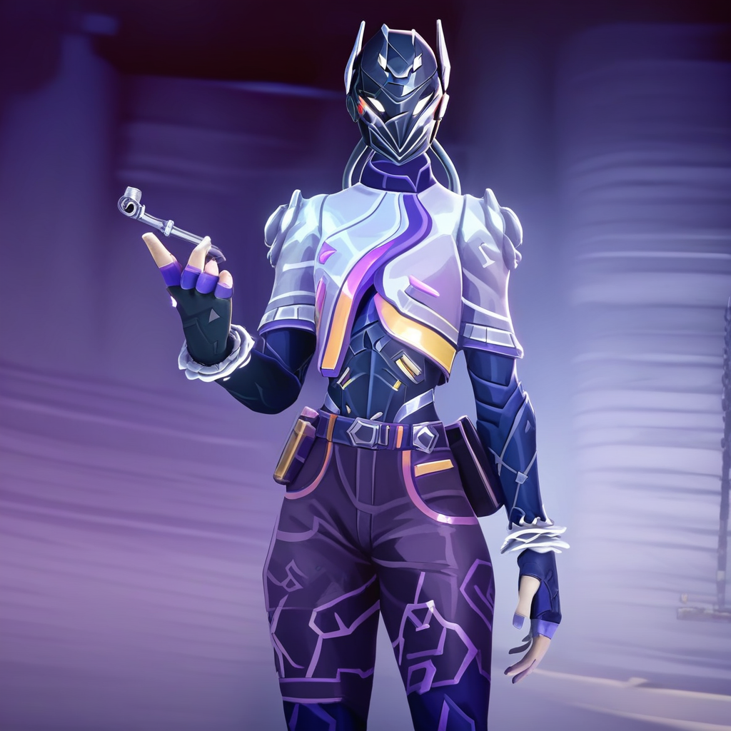 v4lorantvyse, vyse,  vyse \(valorant\), solo, gloves, 1boy, standing, weapon, male focus, belt, fingerless gloves, armor, bodysuit, helmet, industrial pipe