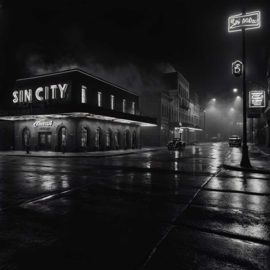 cinematic film still of  <lora:sin city style v2:1>
In Sin City universe a black and white photo of a theater at night sin city style,monochrome,greyscale,outdoors,no humans,night,ground vehicle,building,scenery,motor vehicle,city,sign,car,road,lamppost,street,fog,Frank Miller's Sin City,dark theme,cinematic film,comic book series,graphic novel,Neo-noir,high contrasts,sin city style , film noir, low key light, dim light, low light, dramatic light, film grain, shallow depth of field, vignette, highly detailed, high budget, bokeh, cinemascope, moody, epic, gorgeous, film grain, grainy