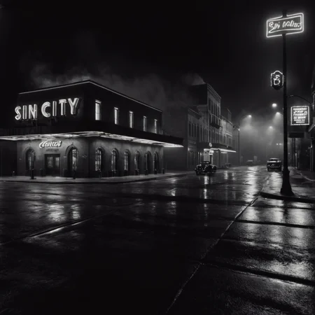 cinematic film still of <lora:sin city style v2:1>
In Sin City universe a black and white photo of a theater at night sin city style,monochrome,greyscale,outdoors,no humans,night,ground vehicle,building,scenery,motor vehicle,city,sign,car,road,lamppost,street,fog,Frank Miller's Sin City,dark theme,cinematic film,comic book series,graphic novel,Neo-noir,high contrasts,sin city style , film noir, low key light, dim light, low light, dramatic light, film grain, shallow depth of field, vignette, highly detailed, high budget, bokeh, cinemascope, moody, epic, gorgeous, film grain, grainy