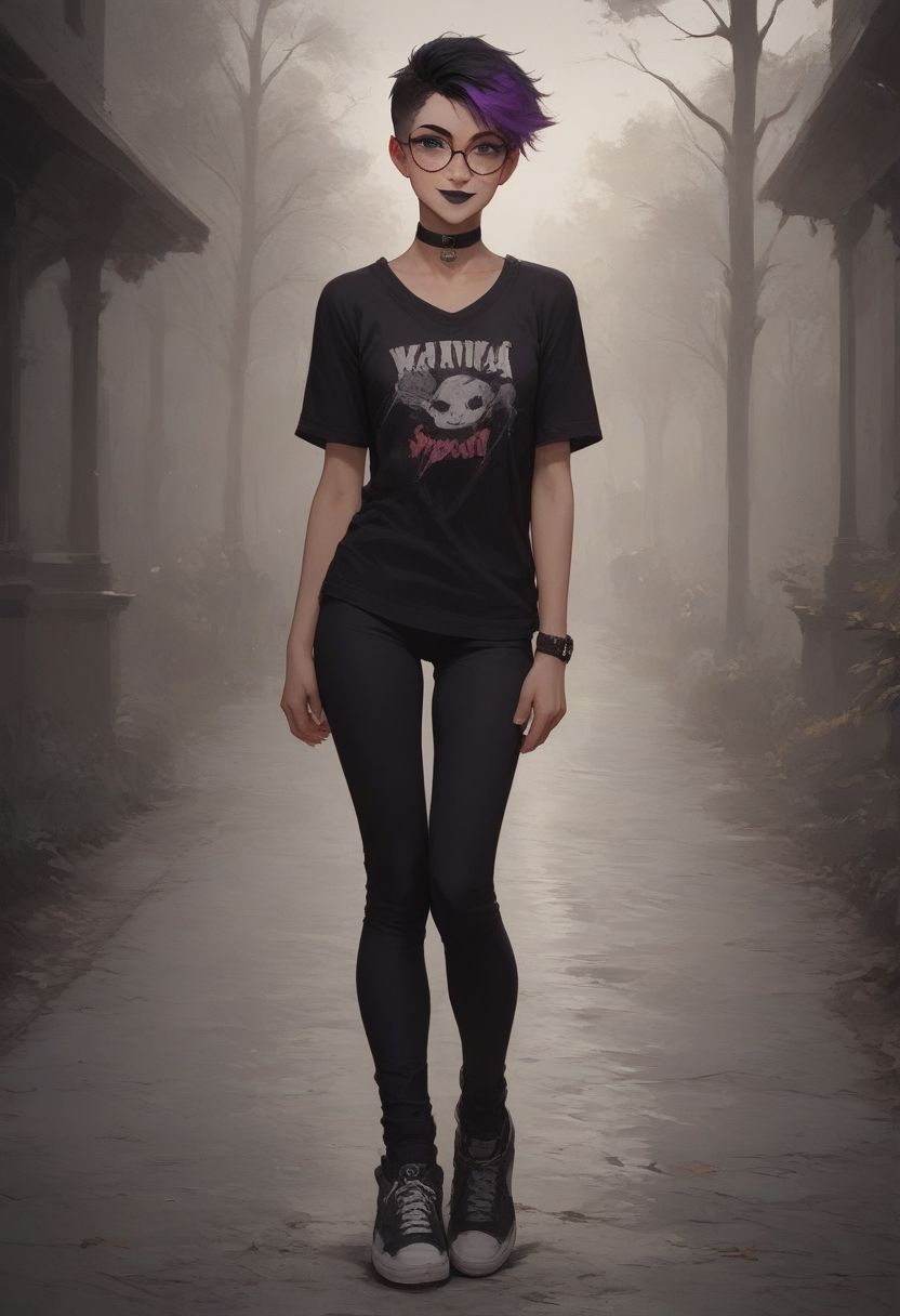 (Realistic Lighting:1.0), score_9, score_8_up, score_7_up, score_6_up, score_5_up, score_4_up score_9,score_8_up,
masterpiece, 1girl, sexy 18 year old tomboy, perfect body, fair skin, green eyes, cute face, freckles, small breasts, long legs, full body shot, in park,
choker, black lipstick, purple eyeshadow, eyeliner, mascara, firm butt, round ass, smile, black hair, glasses
two-tone hair, purple IncursioDipDyedHair, pixie cut purple hair
1girl, solo, looking at viewer, green eyes, closed mouth, lips, wind, portrait, nose, shirt pulled up over breasts, breasts exposed,