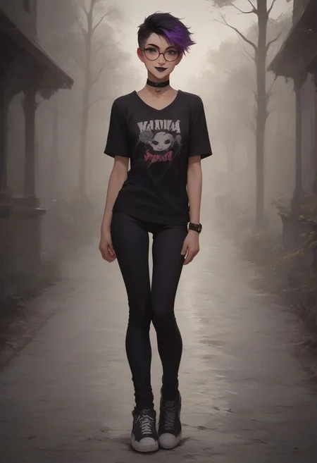 (Realistic Lighting:1.0), score_9, score_8_up, score_7_up, score_6_up, score_5_up, score_4_up score_9,score_8_up,
masterpiece, 1girl, sexy 18 year old tomboy, perfect body, fair skin, green eyes, cute face, freckles, small breasts, long legs, full body shot, in park,
choker, black lipstick, purple eyeshadow, eyeliner, mascara, firm butt, round ass, smile, black hair, glasses
two-tone hair, purple IncursioDipDyedHair, pixie cut purple hair
1girl, solo, looking at viewer, green eyes, closed mouth, lips, wind, portrait, nose, shirt pulled up over breasts, breasts exposed,