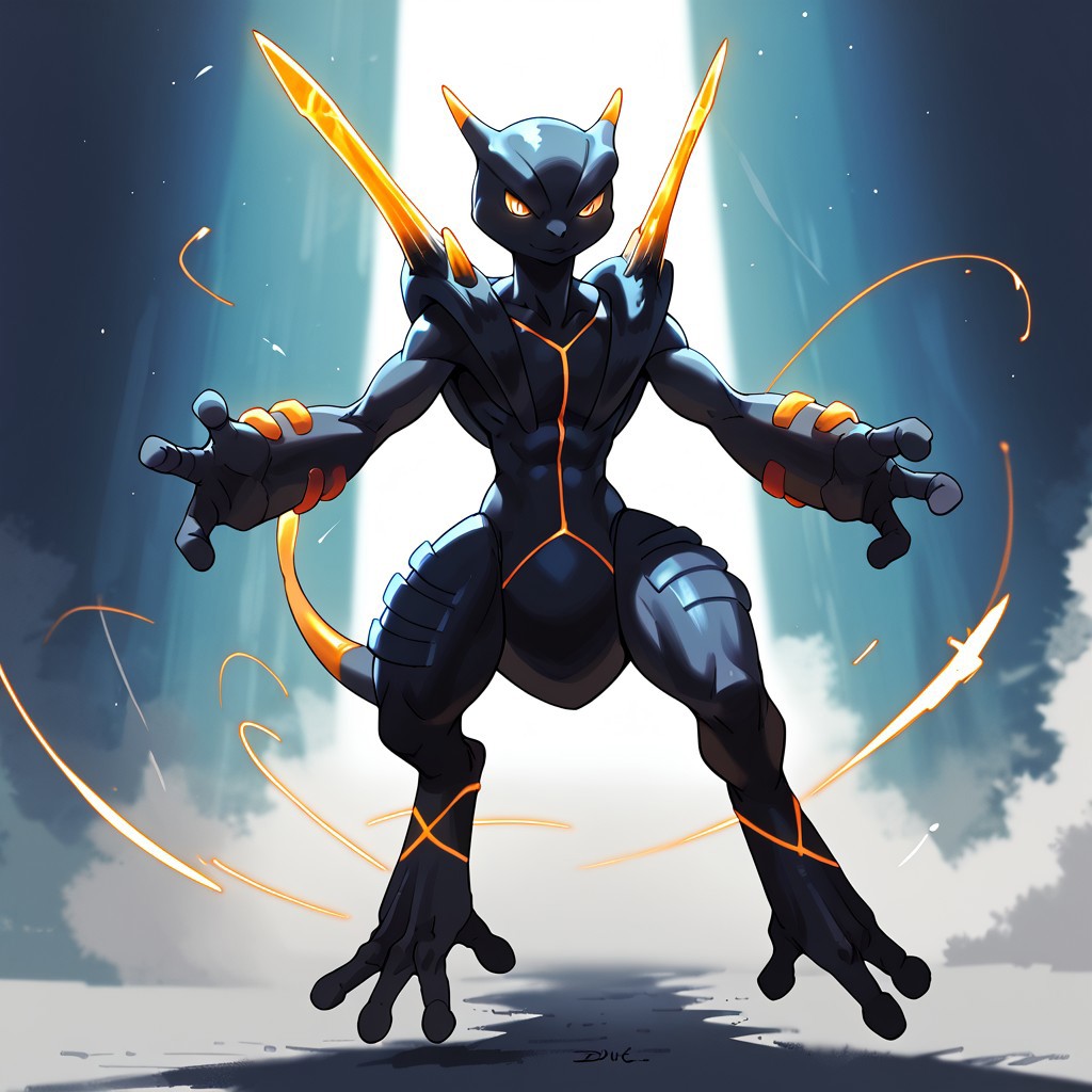 Zpdxl3, Score_7_up, score_8_up, full body, detailed,
BREAK,
SMewtwoX, pokemon (creature), glowing body parts, spikes, floating, glowing eyes, trail of light,
