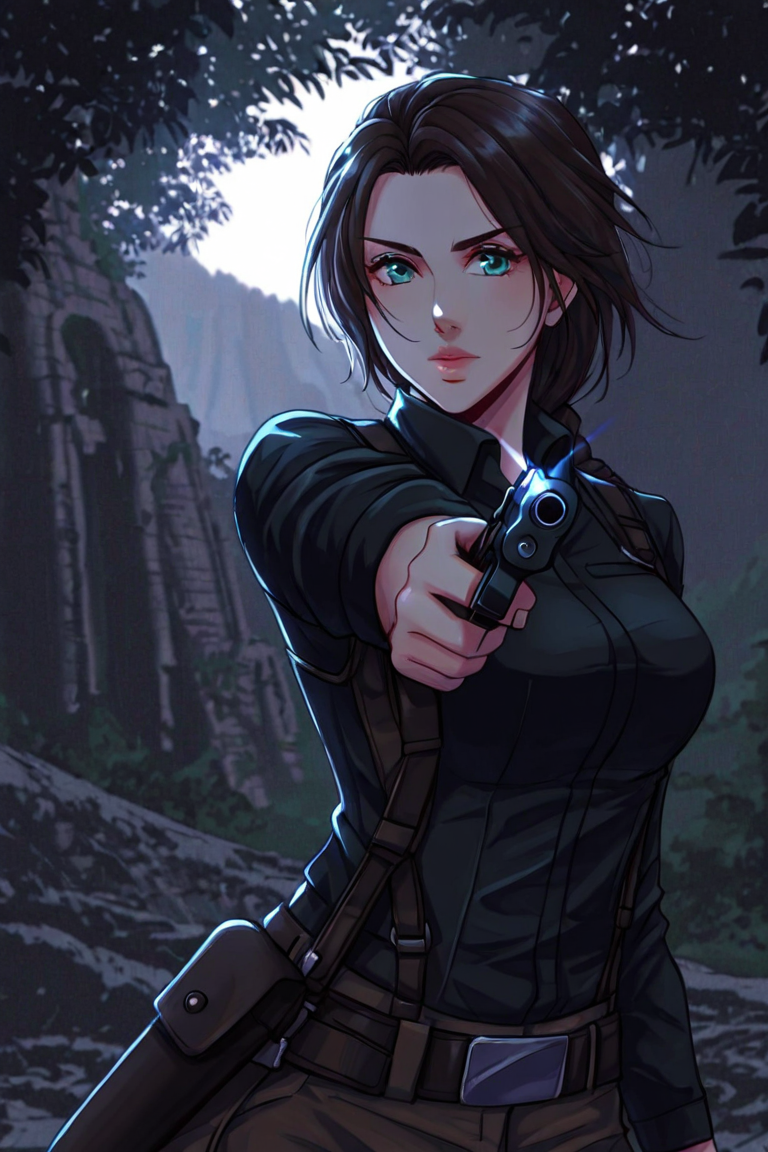 score_9,  best quality, absurdres, depth of field, focused on subject, intricate details, 
c0mix, 1girl, solo, Lara Croft, close-up shot, shooting a handgun, pointing gun at camera, dynamic shot, at ancient archeological ruins amidst the jungle in background, neon color backlighting, action pose, suspenseful ambiance,  c0mix, artist:moriimee