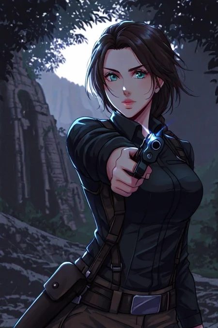 score_9,  best quality, absurdres, depth of field, focused on subject, intricate details, 
c0mix, 1girl, solo, Lara Croft, close-up shot, shooting a handgun, pointing gun at camera, dynamic shot, at ancient archeological ruins amidst the jungle in background, neon color backlighting, action pose, suspenseful ambiance,  c0mix, artist:moriimee