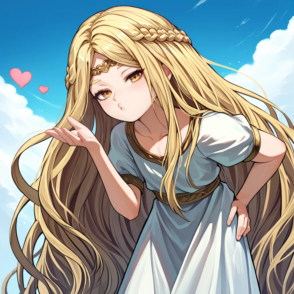 <lora:miqeulla:1>,1boy,solo,flat chest,miquella,blonde hair,crown braid,multiple braids,yellow eyes,white robe,gold armlet,circlet,cowboy shot,hand up,long hair,messy hair,outdoors,sky,wind,flowing hair,<lora:FrierenBlowingKissMeme_XLPD:1>,IncrsBlowingKiss,heart,blowing kiss,leaning forward,hand on own hip,from below,looking at viewer, bedroom eyes, seductive,, score_9, score_8_up, score_7_up, perfect anatomy, source_anime, zPDXL2,