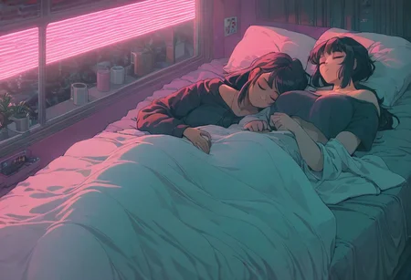 score_9,score_8_up,score_7_up,score_6_up, 2girls, both girls in bed, next to each other, both are sleeping,
sleeping in bed next to a large window, eyes closed, sleeping, steaming coffee cup on windowsill, wearing croptop hoodie, black croptop hoodie, long hair, black hair, low ponytail hairstyle, head resting on pillow, laying on the bed, hoodie, plants on the windowsill, facing viewer, tidy bedroom, small room, cramped bedroom, teddies on the bed, pink pillows, wearing legging, see through thights, black tights, cyberpunk city view out of the window, neon light, purple neon lights,