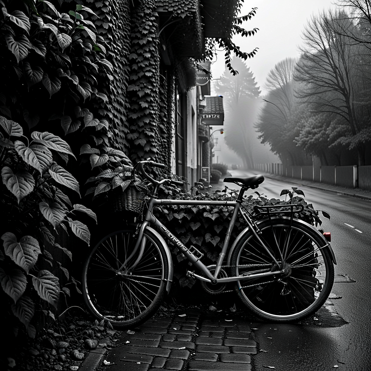 Moody monochrome photo.

Misty. A bicycle leans against an ivy-covered wall.

<lora:MoodyMono01_CE_XL_200-OT:0.4> mdymnoCE_style