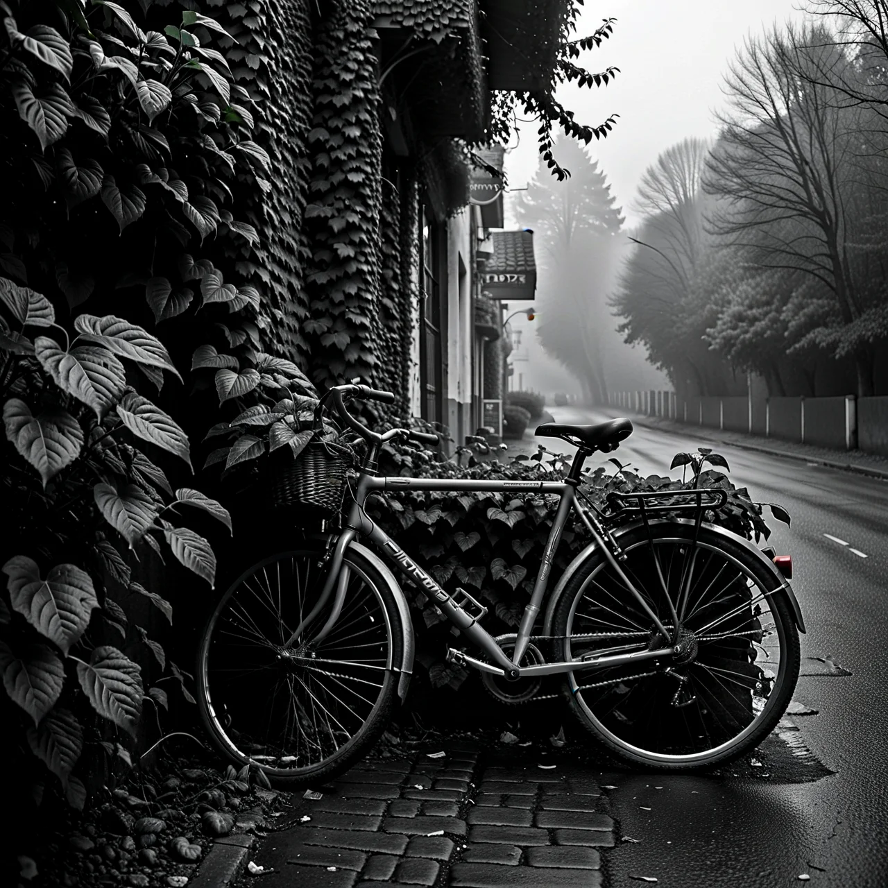 Moody monochrome photo.
Misty. A bicycle leans against an ivy-covered wall.
<lora:MoodyMono01_CE_XL_200-OT:0.4> mdymnoCE_style