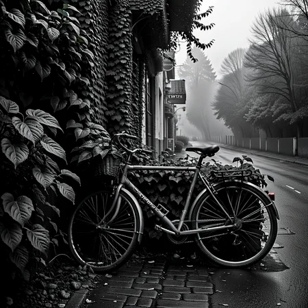 Moody monochrome photo.
Misty. A bicycle leans against an ivy-covered wall.
<lora:MoodyMono01_CE_XL_200-OT:0.4> mdymnoCE_style