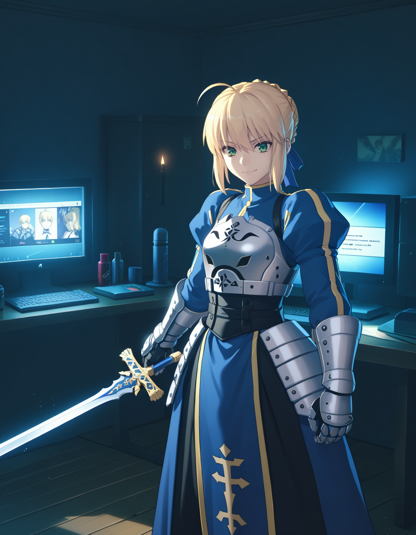 score_9,  score_8_up, score_7_up, <lora:zzz-pack-ponyxl:0.7> 1girl, saber, artoria pendragon \(fate\), armor, excalibur \(fate/stay night\), smirk, indoors, monitor, dim lighting, glowing, night