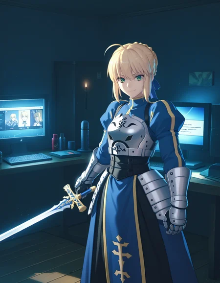 score_9, score_8_up, score_7_up, <lora:zzz-pack-ponyxl:0.7> 1girl, saber, artoria pendragon \(fate\), armor, excalibur \(fate/stay night\), smirk, indoors, monitor, dim lighting, glowing, night
